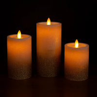 LED Moving Flame Glitter Pillar Candle – Flameless, Battery Operated, Warm White Glow (Multiple Sizes)