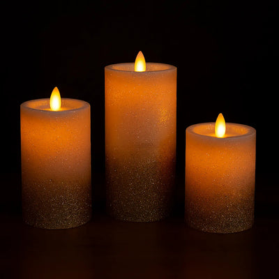 LED Moving Flame Glitter Pillar Candle – Flameless, Battery Operated, Warm White Glow (Multiple Sizes)