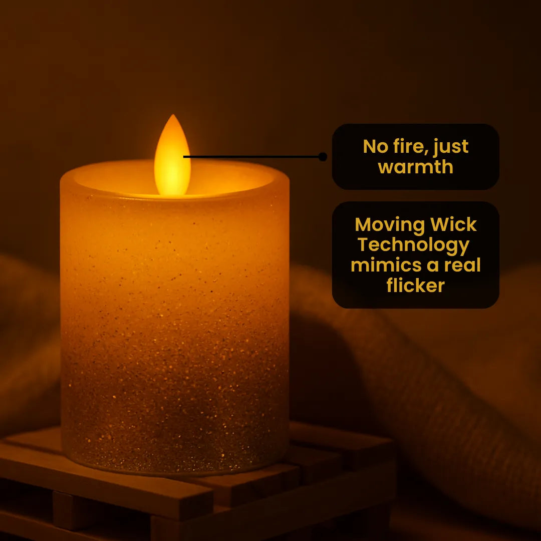 LED Moving Flame Glitter Pillar Candle – Flameless, Battery Operated, Warm White Glow (Multiple Sizes)