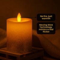 LED Moving Flame Glitter Pillar Candle – Flameless, Battery Operated, Warm White Glow (Multiple Sizes)