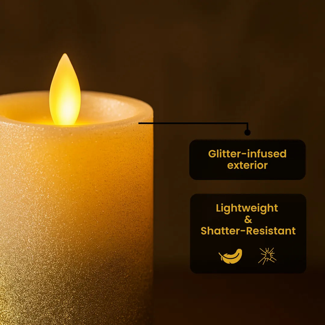 LED Moving Flame Glitter Pillar Candle – Flameless, Battery Operated, Warm White Glow (Multiple Sizes)