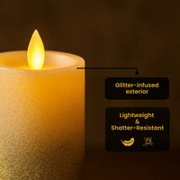 LED Moving Flame Glitter Pillar Candle – Flameless, Battery Operated, Warm White Glow (Multiple Sizes)