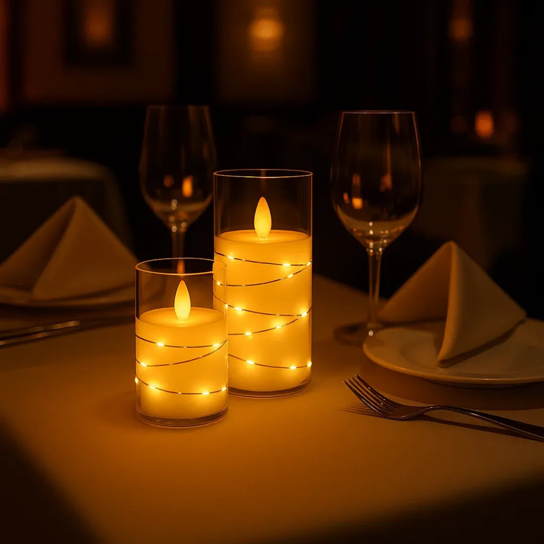 Acrylic Glass LED Moving Flame Pillar Candle - With Fairy Light)