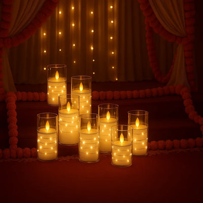 Acrylic Glass LED Moving Flame Pillar Candle - With Fairy Light)