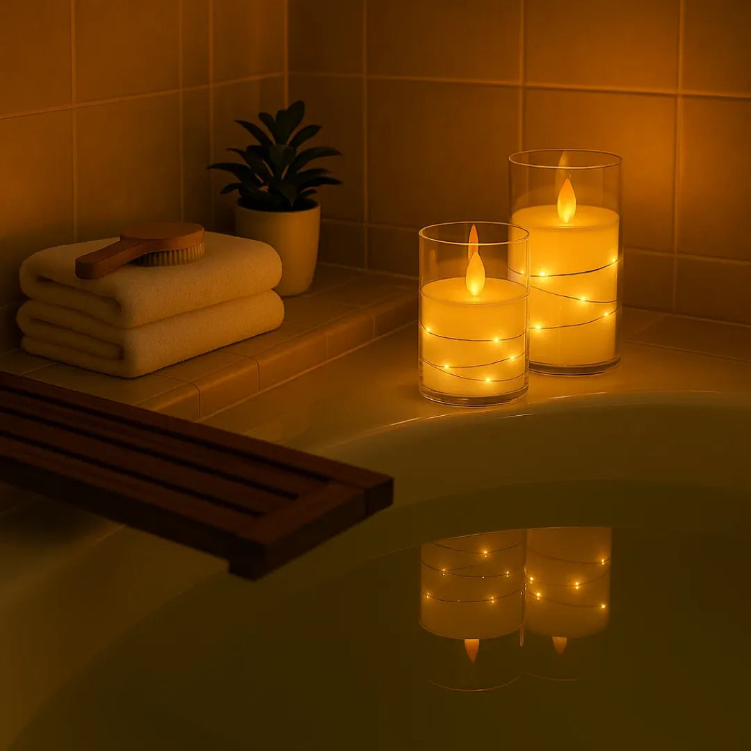 Acrylic Glass LED Moving Flame Pillar Candle - With Fairy Light)