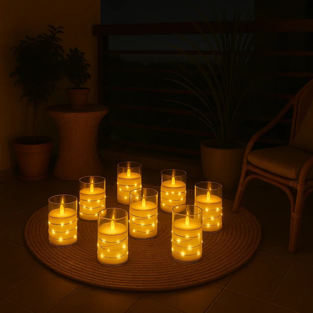 Acrylic Glass LED Moving Flame Pillar Candle - With Fairy Light)