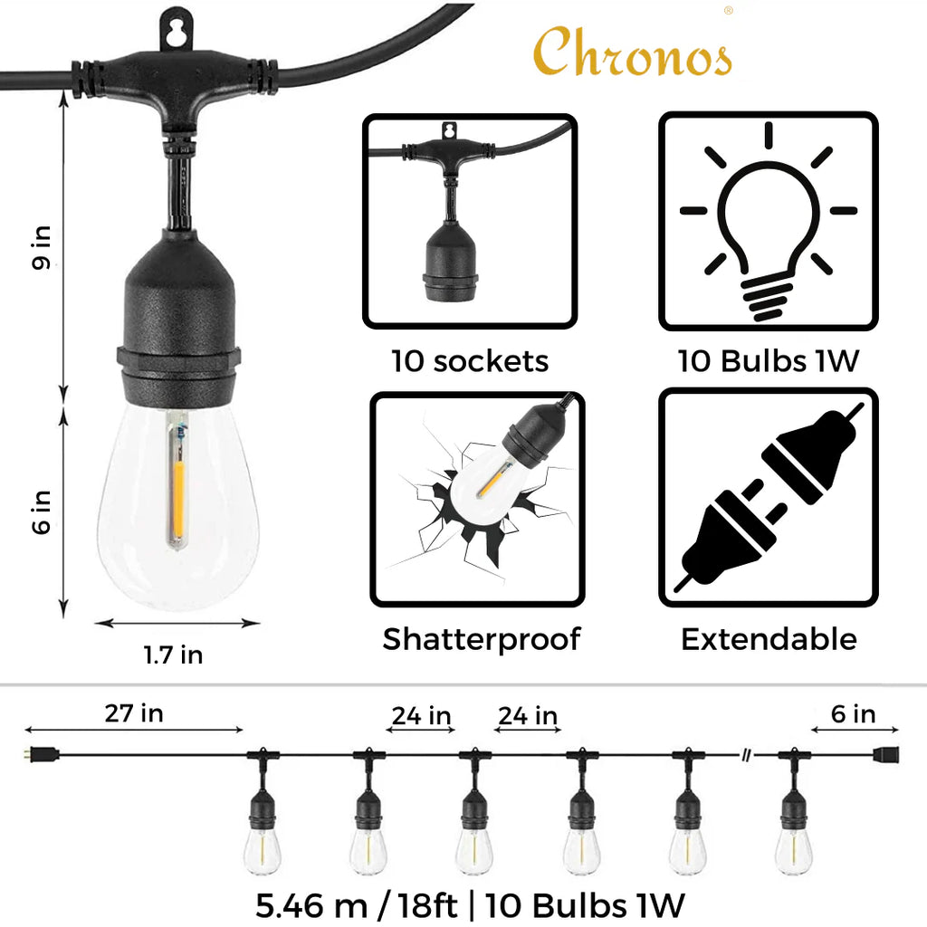 Waterproof Hanging Outdoor String Lights with S14 1W LED Filament Bulbs | 18ft 5.4m - 10 Bulbs