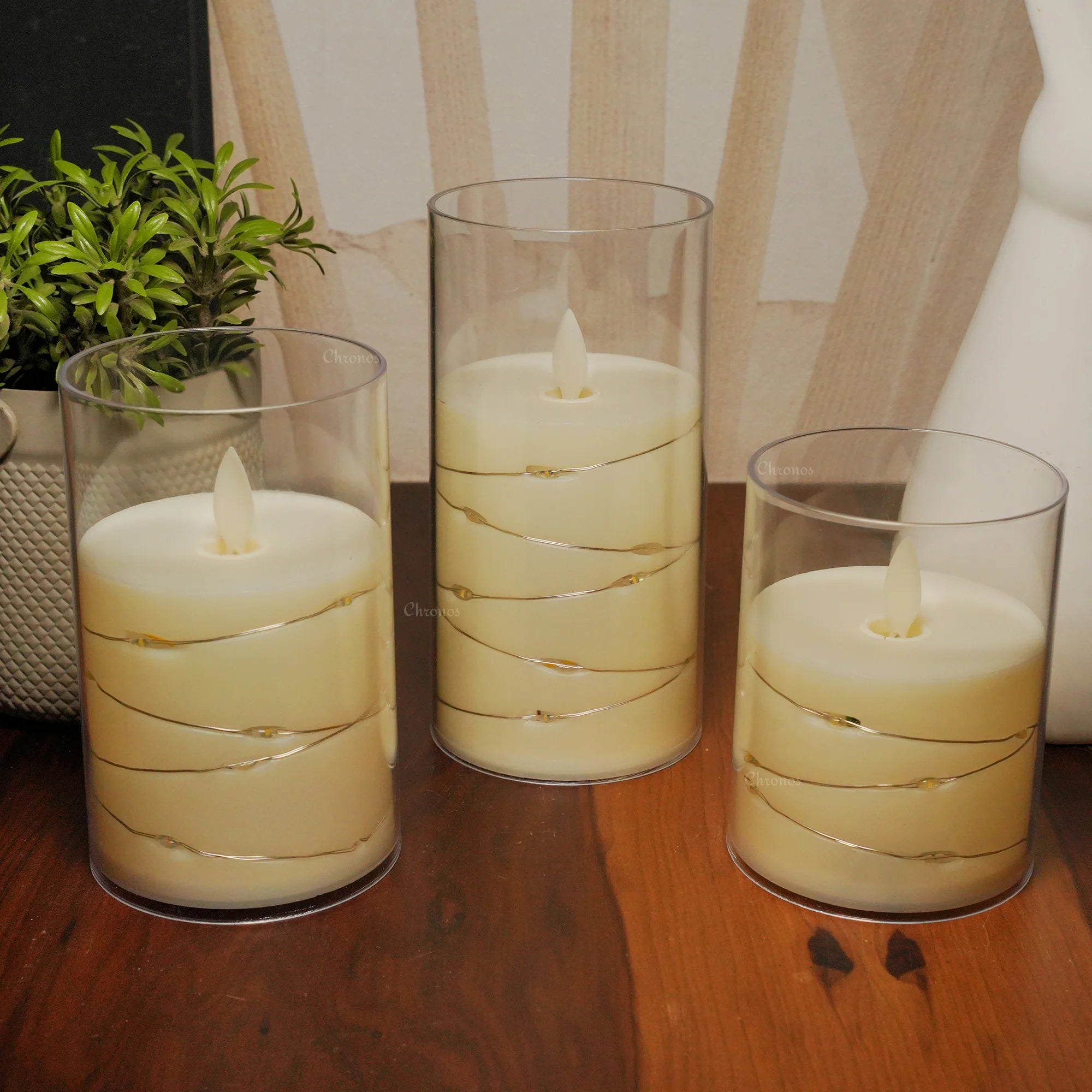 Acrylic Glass LED Moving Flame Pillar Candle - With Fairy Light)