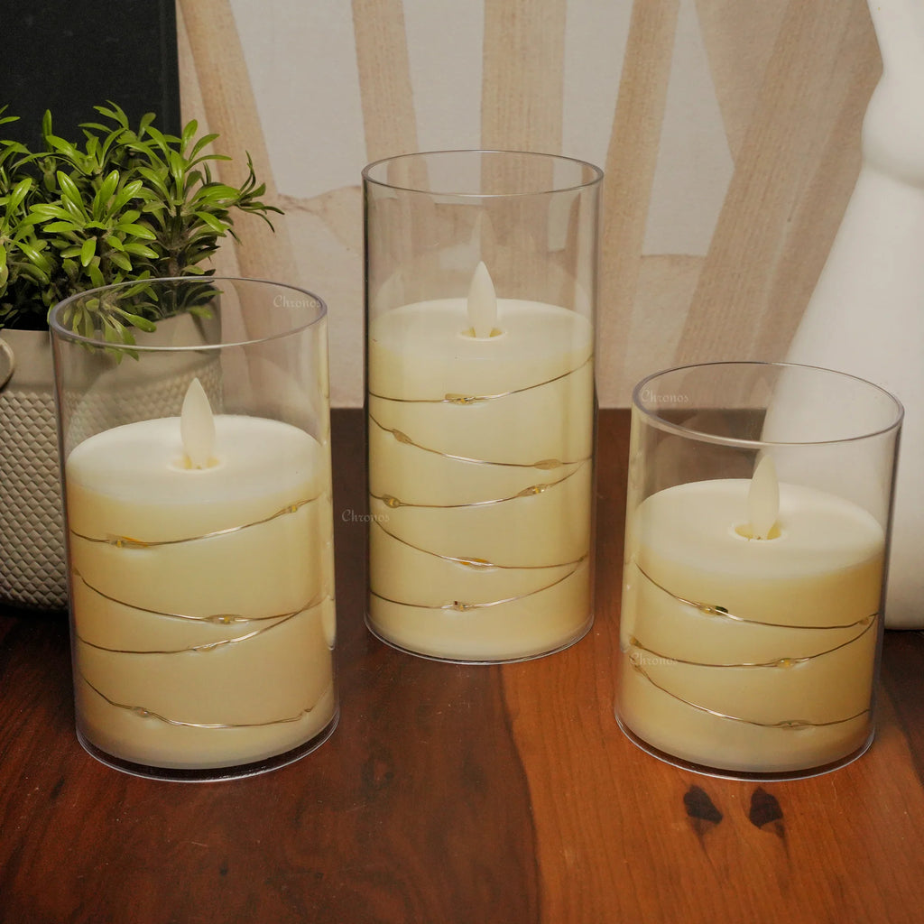 Acrylic Glass LED Moving Flame Pillar Candle - With Fairy Light)