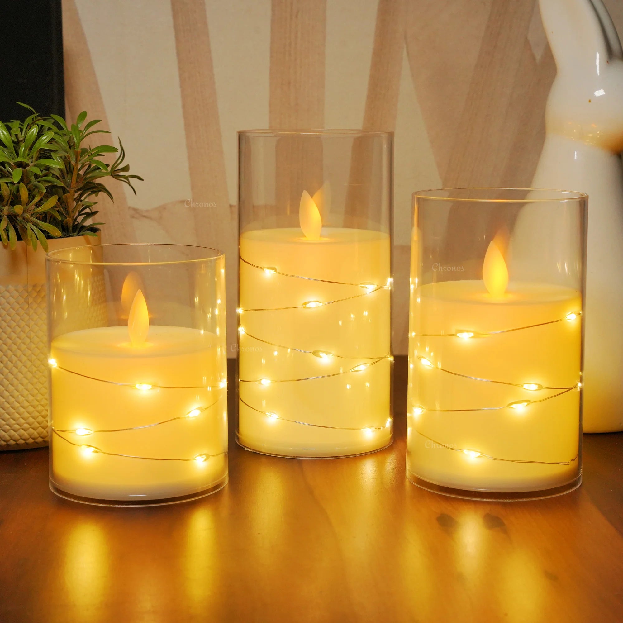 Acrylic Glass LED Moving Flame Pillar Candle - With Fairy Light)